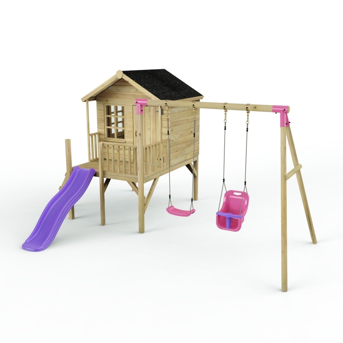 Rebo Playhouse and Double Swing Set with Slide Luna Purple