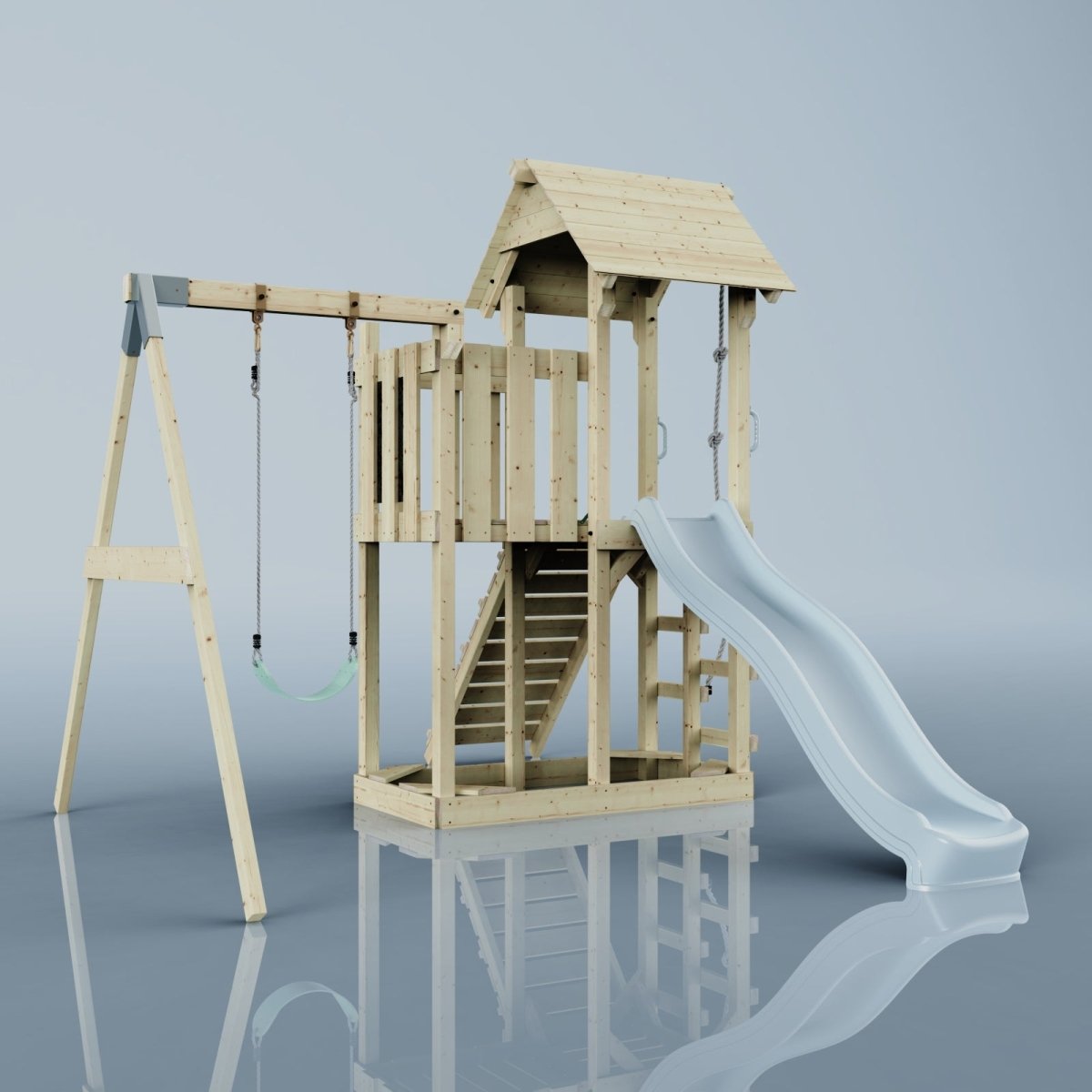 PolarPlay Balcony Tower Kids Wooden Climbing Frame - Swing Bjorn Mist