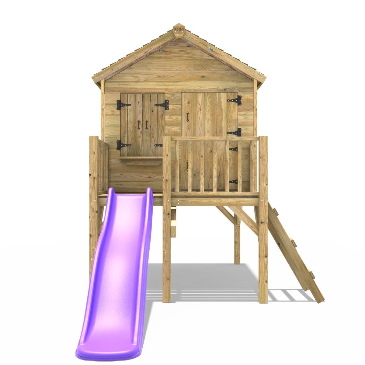 Rebo 5FT x 5FT Childrens Wooden Garden Playhouse on Deck with 6ft Slide - Nightingale Purple