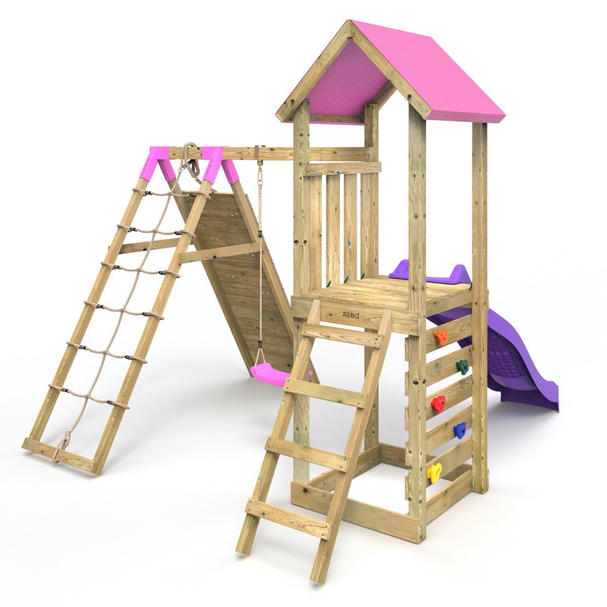 Rebo Challenge Wooden Climbing Frame with Swings, Slide and Up & over Climbing wall - Bear Pink