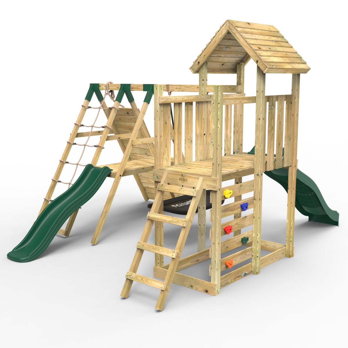 Rebo Extended Tower Wooden Climbing Frame with Swings & Slide - Crestone
