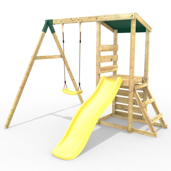 Rebo Limited Edition Wooden Climbing Frame Tower with Swing and 6ft Slide - Yellow
