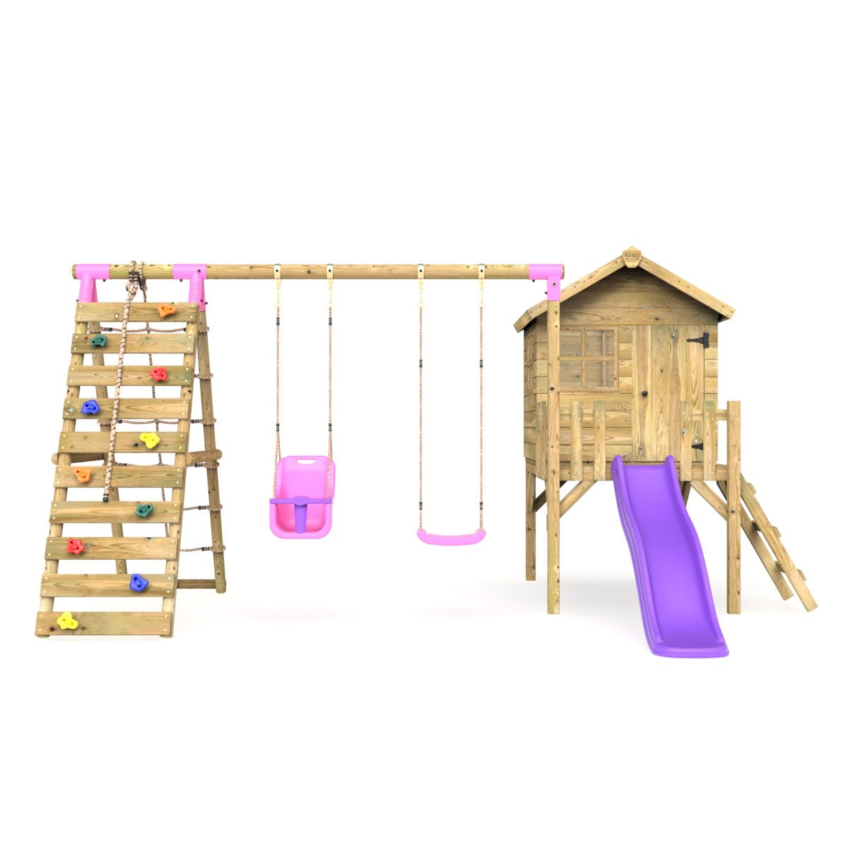 Rebo Orchard 4FT Wooden Playhouse + Swings, Rock Wall, Deck & 6FT Slide – Luna Purple