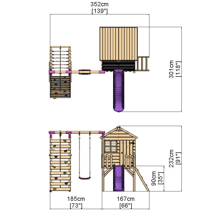 Rebo Orchard 4FT Wooden Playhouse + Swings, Rock Wall, Deck & 6FT Slide – Solar Purple
