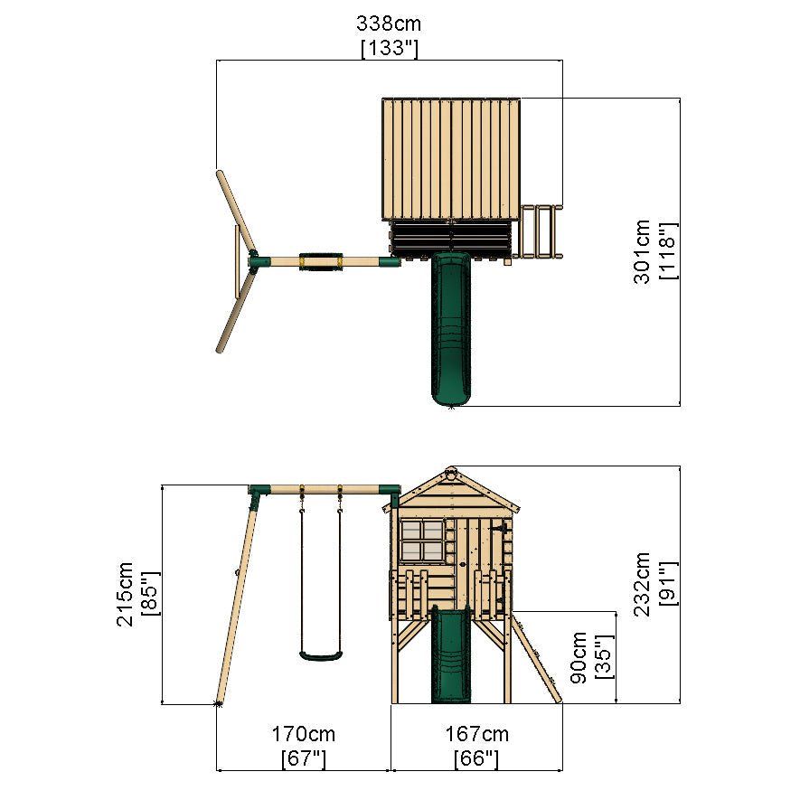Rebo Orchard 4FT x 4FT Wooden Playhouse + Swings, 900mm Deck & 6FT Slide - Solar Green