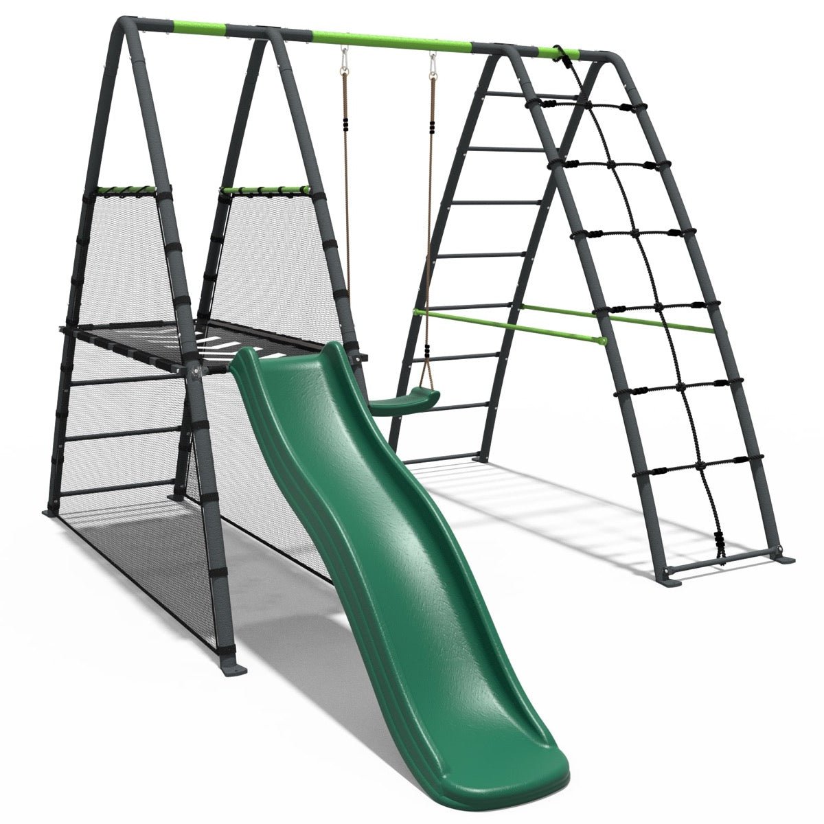 Rebo Steel Series Metal Swing Set + Up and Over wall & 6ft Slide - Single Green
