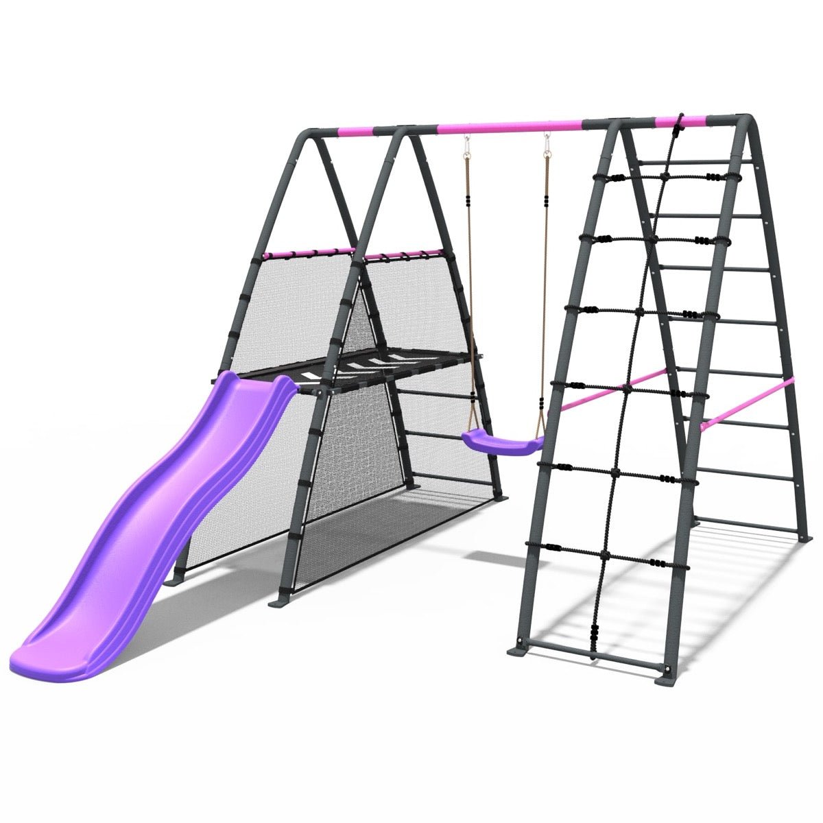 Metal swing set with climbing wall and 6ft slide Pink