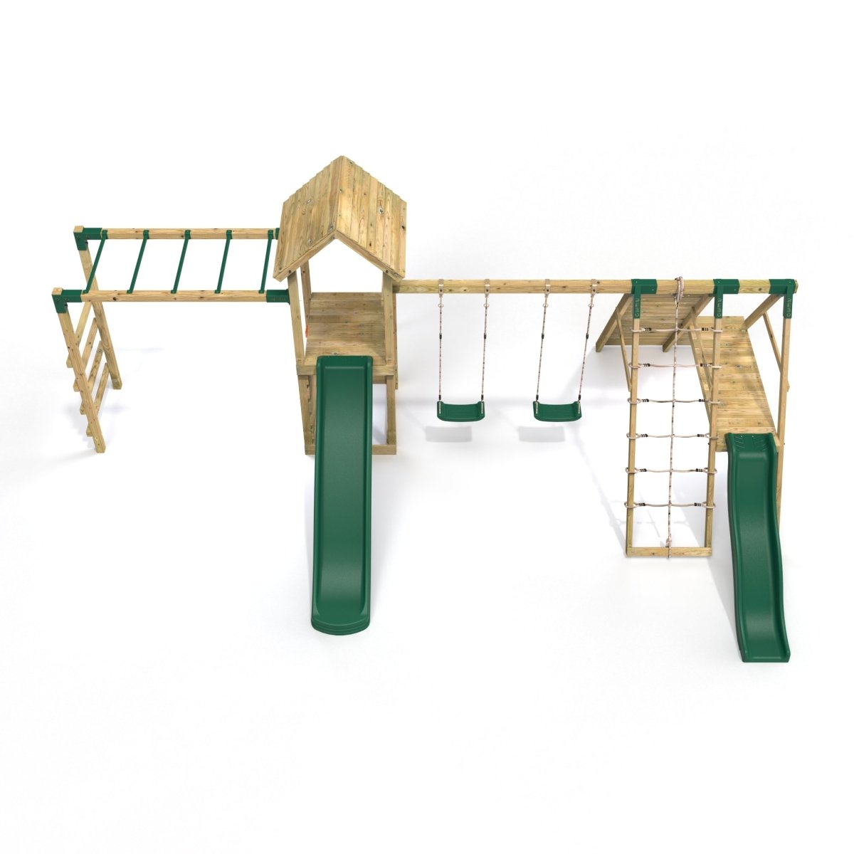Rebo Wooden Climbing Frame with Swings, 2 Slides, Up & over Climbing wall and Monkey Bars - Pennine