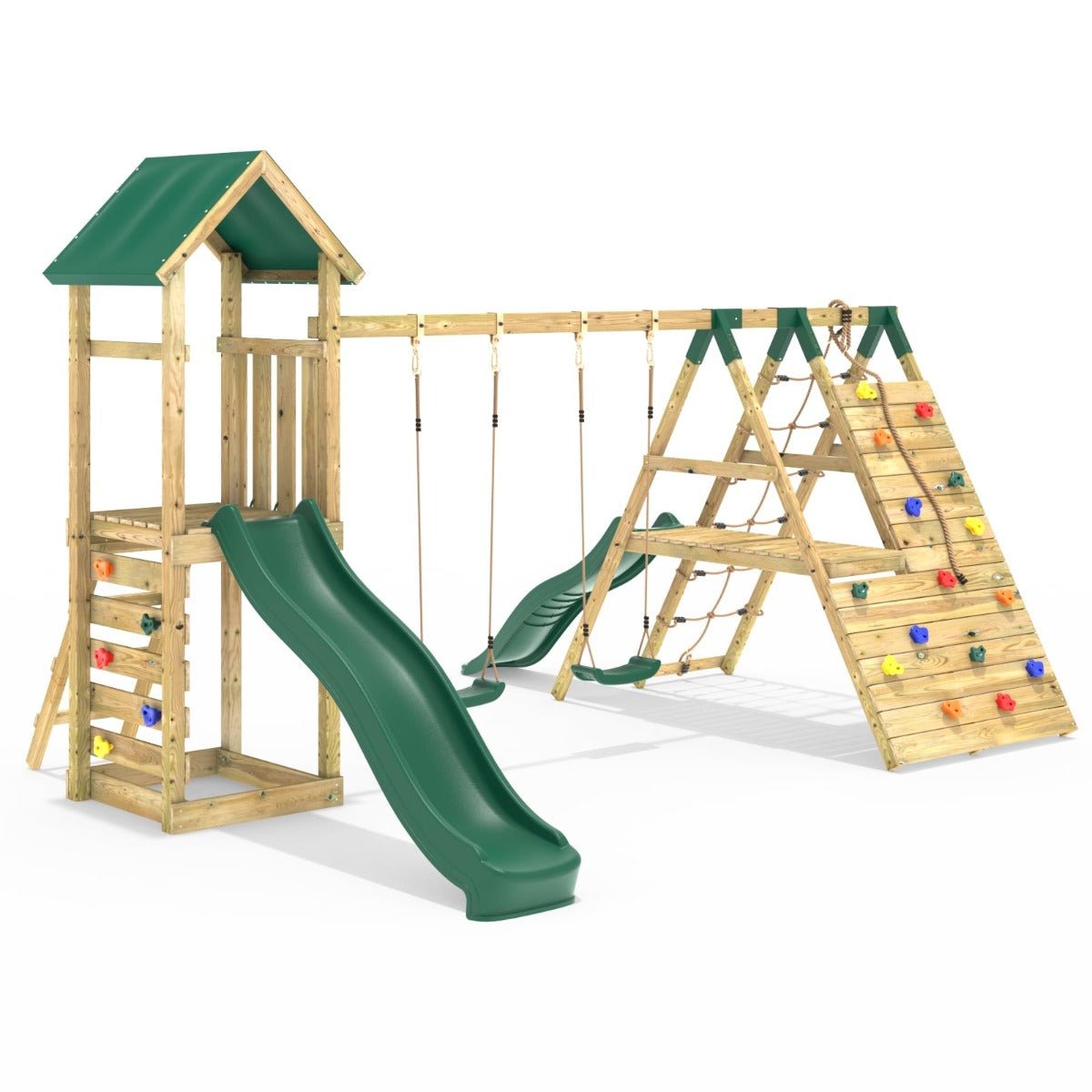 Rebo Hayes Wooden Climbing Frame with Swings, 6+8FT Slides