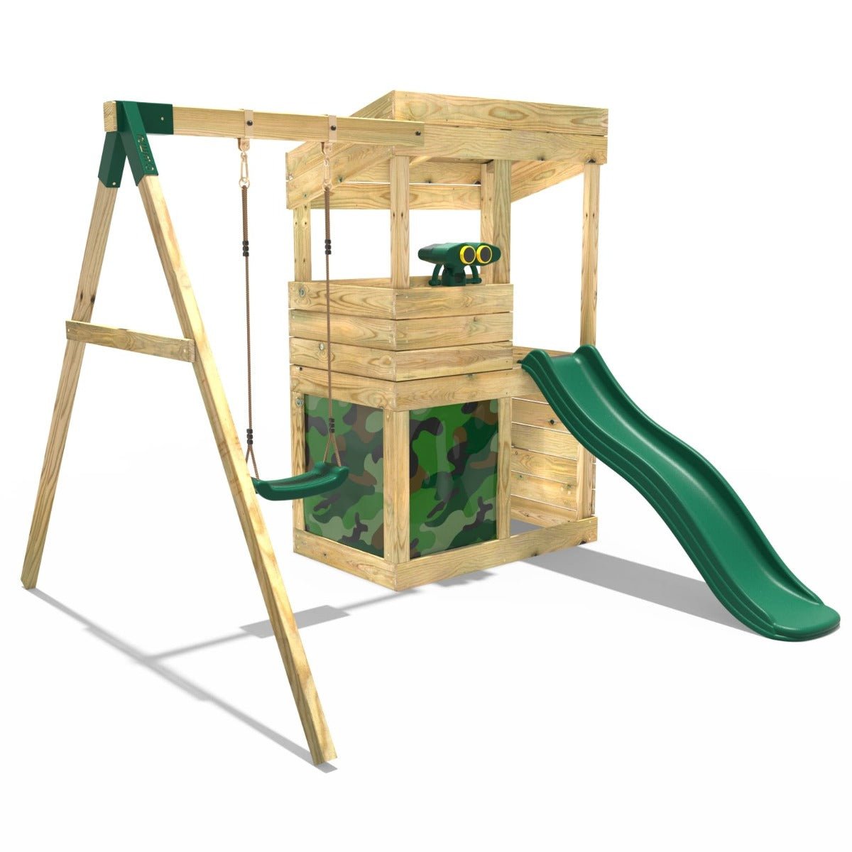 Rebo Wooden Lookout Tower Playhouse with 6ft Slide & Swing - Yellowstone Camouflage