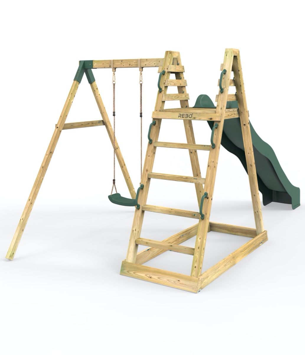 Rebo Wooden Pyramid Activity Frame with Swings & 10ft Water Slide - Angel