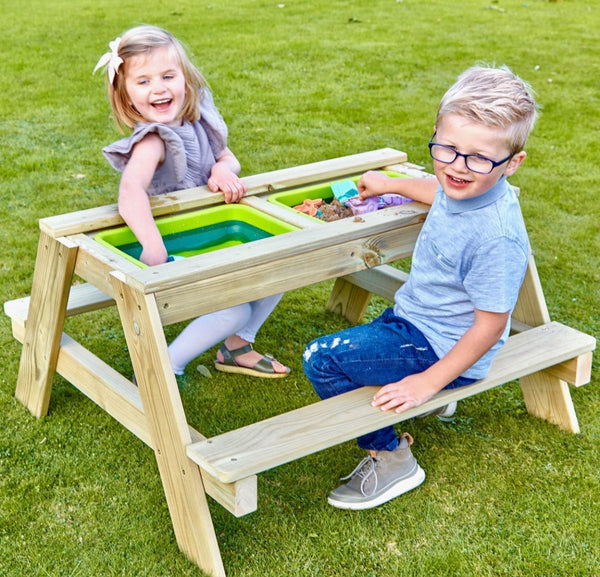 Rebo Wooden Sandpit With Lid Sand & Water Picnic Table Play Bench – Double