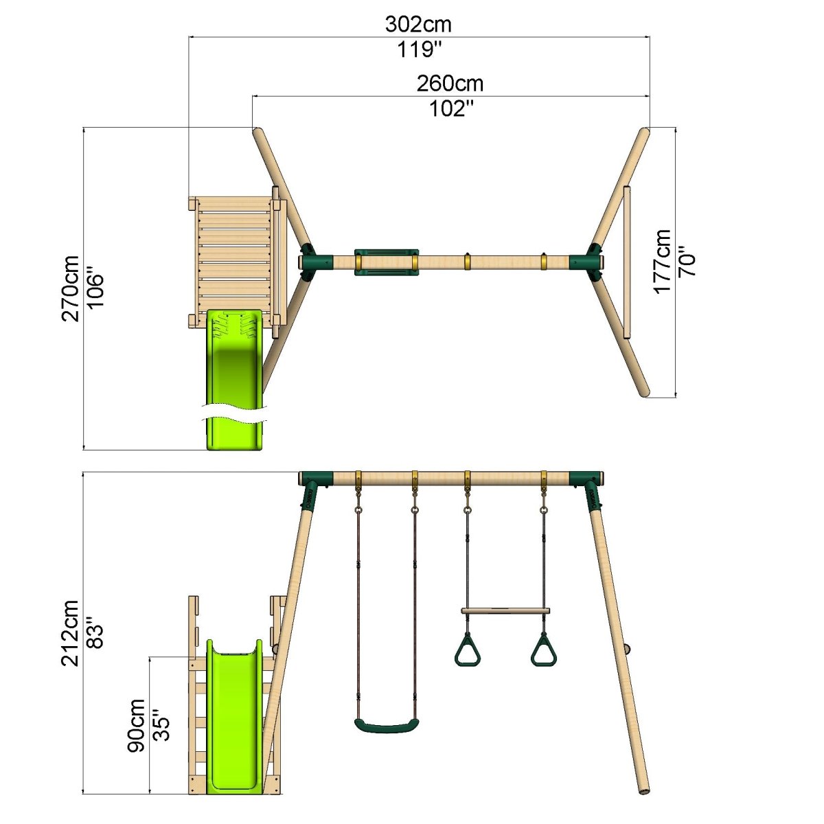 Rebo Wooden Swing Set plus Deck & Slide - Janus Green