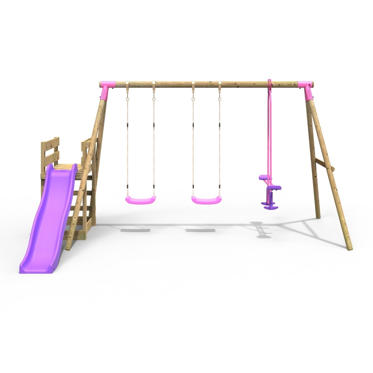 Rebo Wooden Swing Set plus Deck & Slide - Neptune Pink