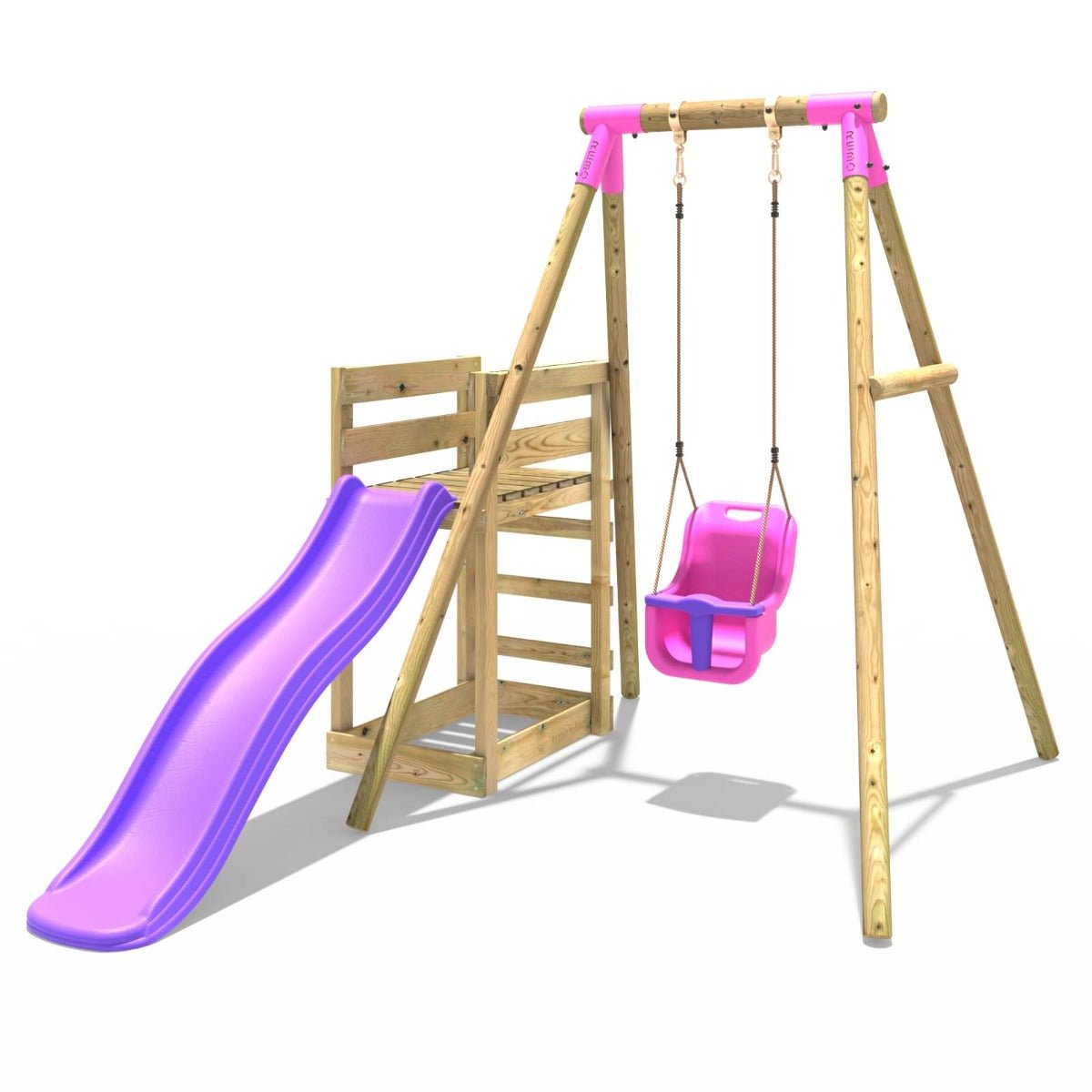 Rebo Wooden Swing Set plus Deck Slide Pluto Pink