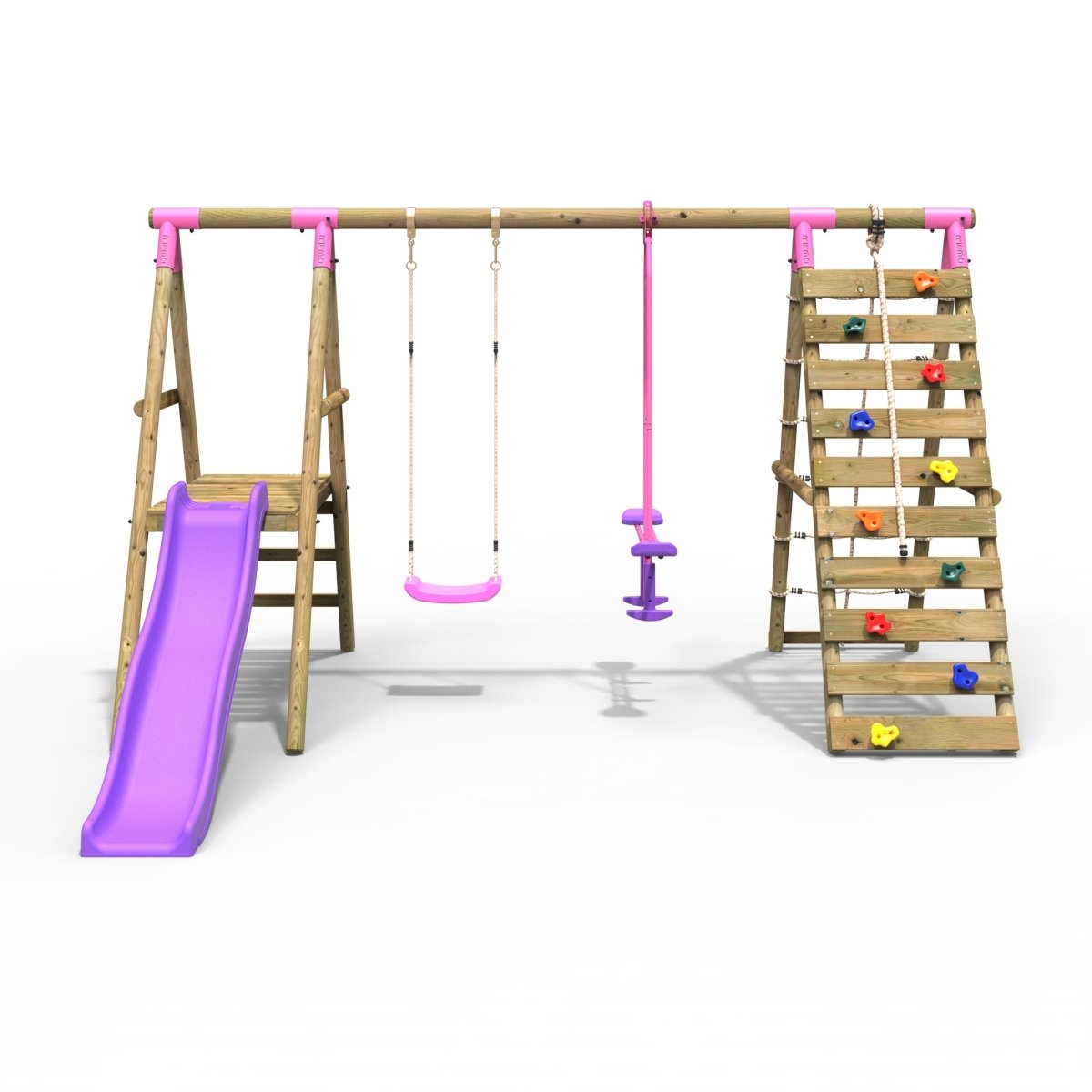 Rebo Wooden Swing Set with Deck and Slide plus Up and Over Climbing Wall - Obsidian