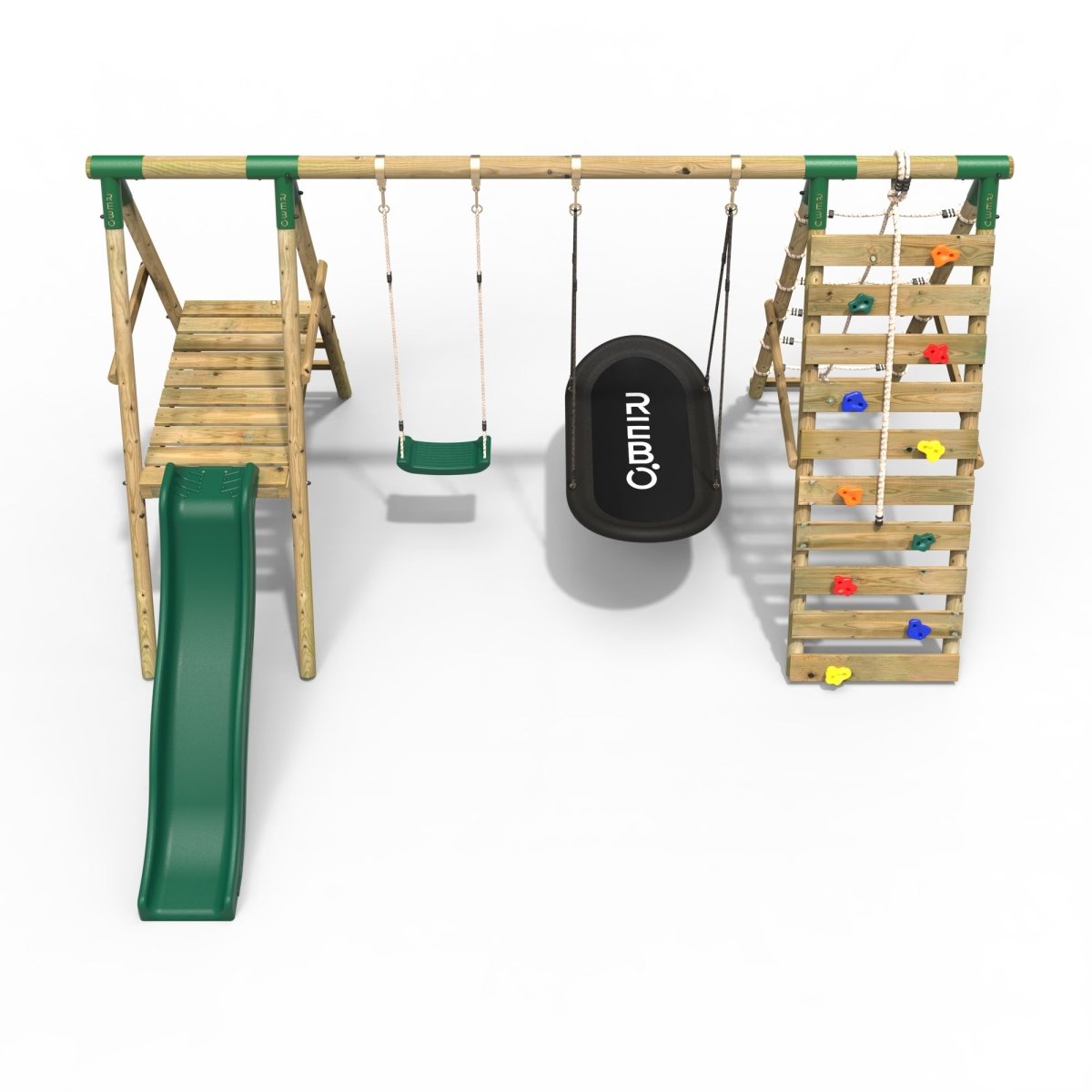 Rebo Wooden Swing Set with Deck and Slide plus Up and Over Climbing Wall - Quartz Green