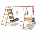 Rebo Wooden Swing Set with Deck and Slide plus Up and Over Climbing Wall - Quartz Pink