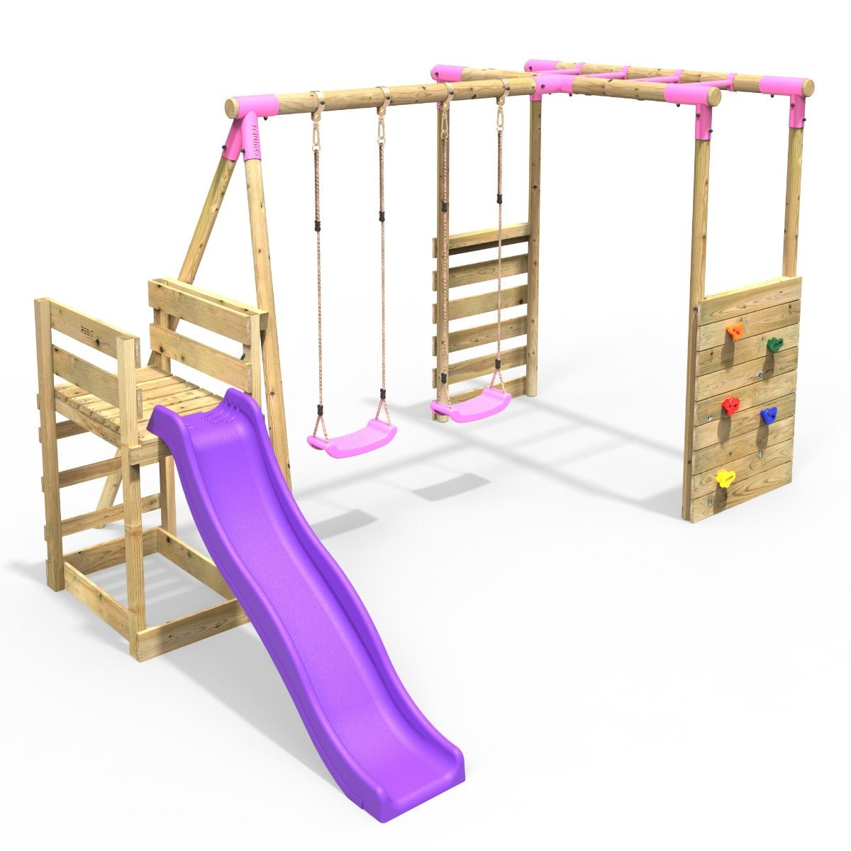 Rebo Venus Pink Wooden Swings w/ Monkey Bars & 6FT Slide