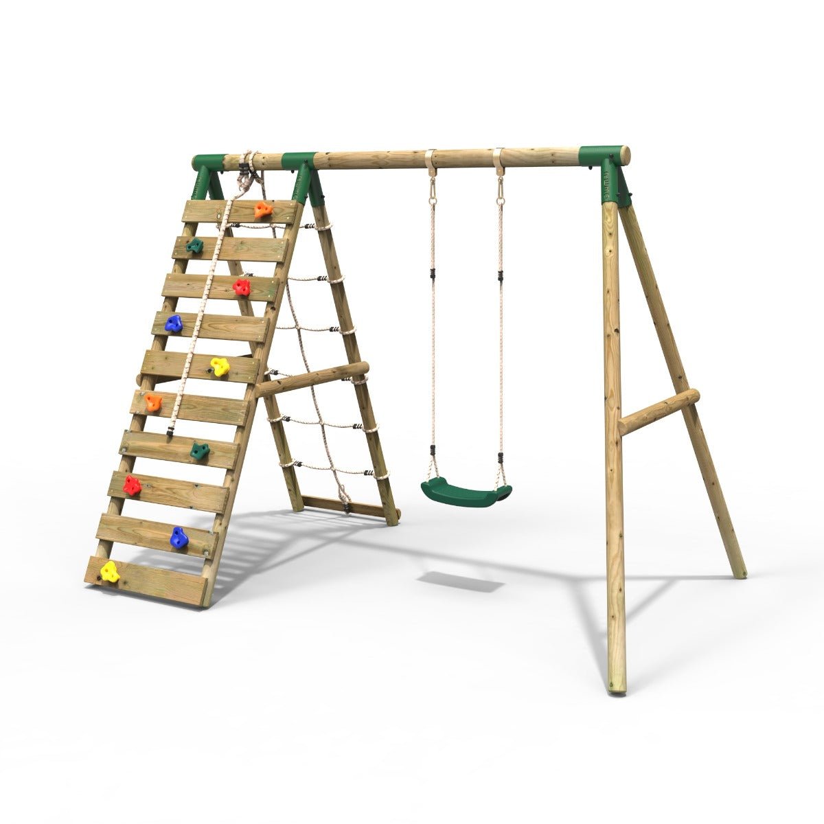 Rebo Wooden Swing Set with Up and Over Climbing Wall - Aria Green
