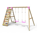 Rebo Wooden Swing Set with Up and Over Climbing Wall - Ela Pink