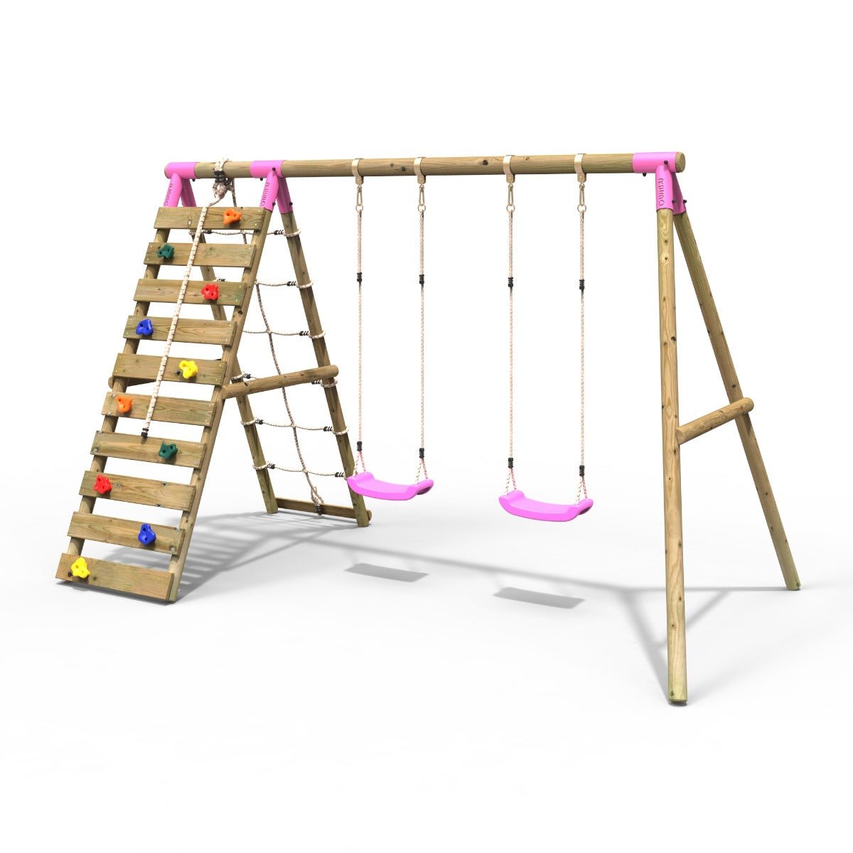 Rebo Wooden Swing Set with Up and Over Climbing Wall - Ela Pink