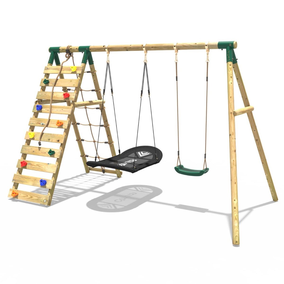 Rebo Sage Green Wooden Swing Set with Climbing Wall