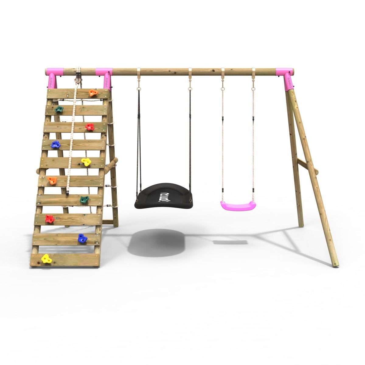Rebo Wooden Swing Set with Up and Over Climbing Wall - Sage Pink