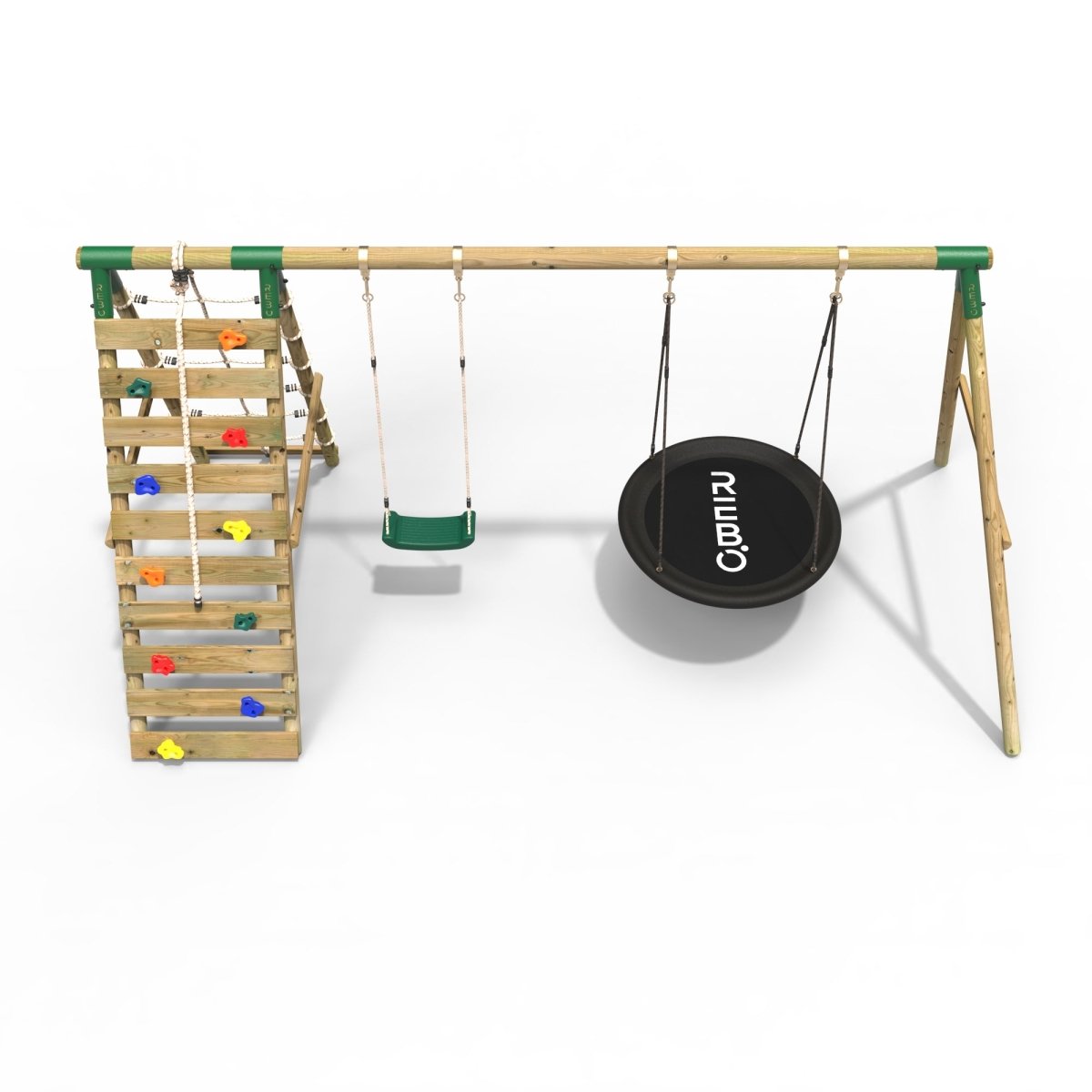 Rebo Wooden Swing Set with Up and Over Climbing Wall - Vale Green