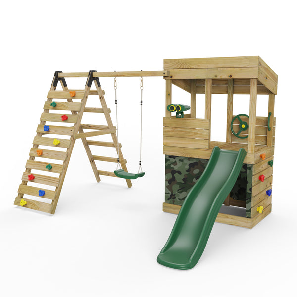 Rebo Lookout Tower Playhouse with Single Swing and Climbing Wall plus Slide - Ascent Camouflage