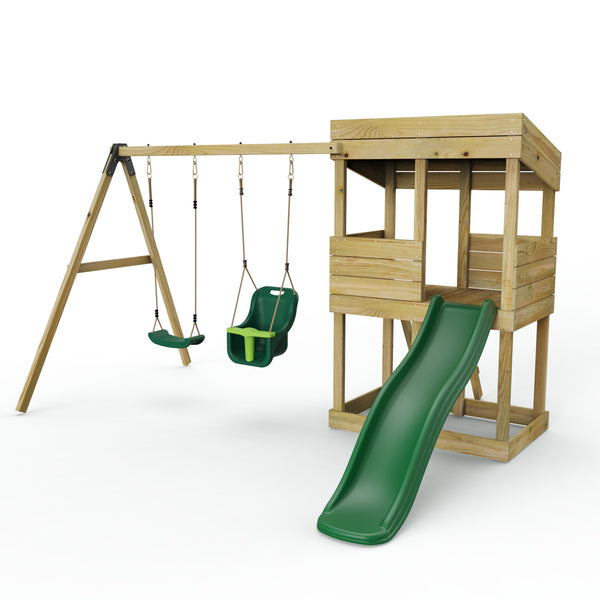 Rebo Wooden Lookout Tower Playhouse with 6ft Slide & Swing - Everglades