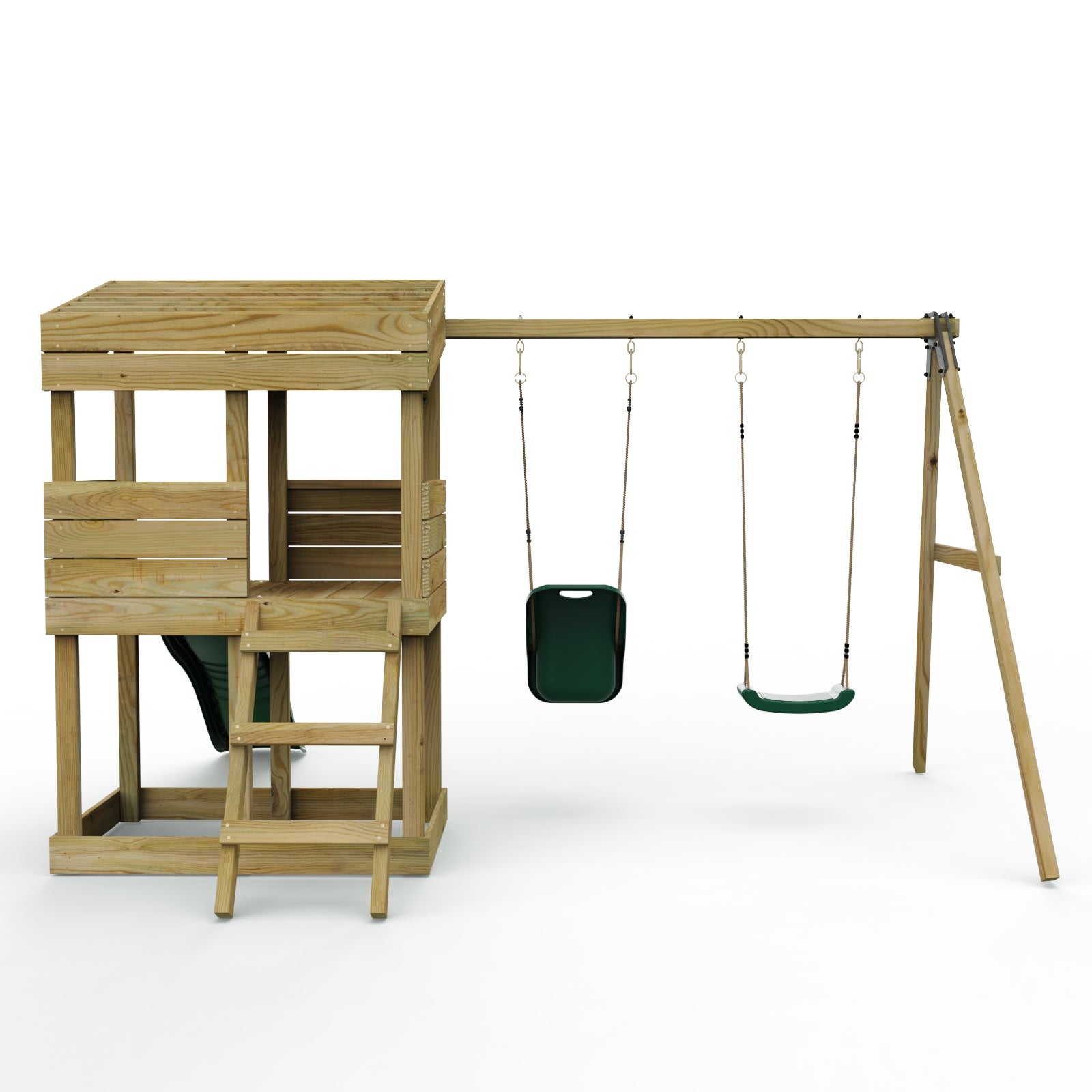 Rebo Wooden Lookout Tower Playhouse with 6ft Slide & Swing - Everglades