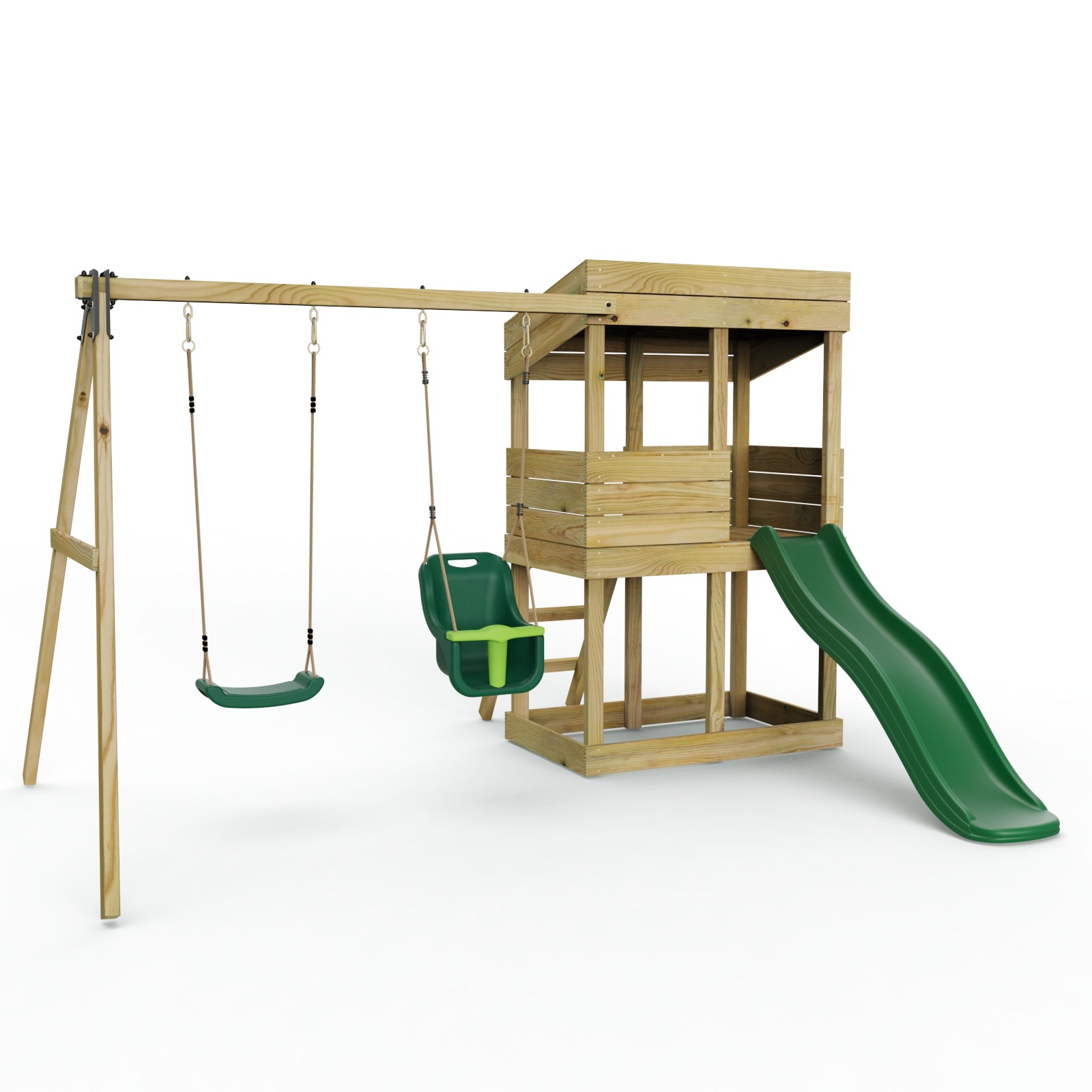 Rebo Wooden Lookout Tower Playhouse with 6ft Slide & Swing - Everglades