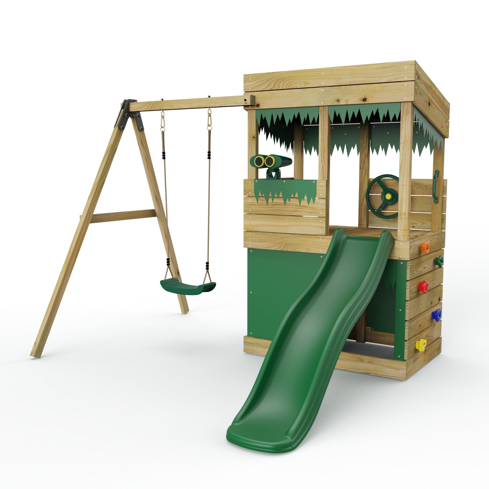 Rebo Wooden Lookout Tower Playhouse with 6ft Slide & Swing - Yellowstone