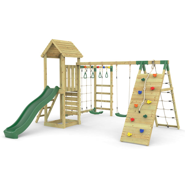 Rebo Climbing Frame with Double Swing and Slide plus Climbing Wall and Ninja Monkey Bars - Dolomite