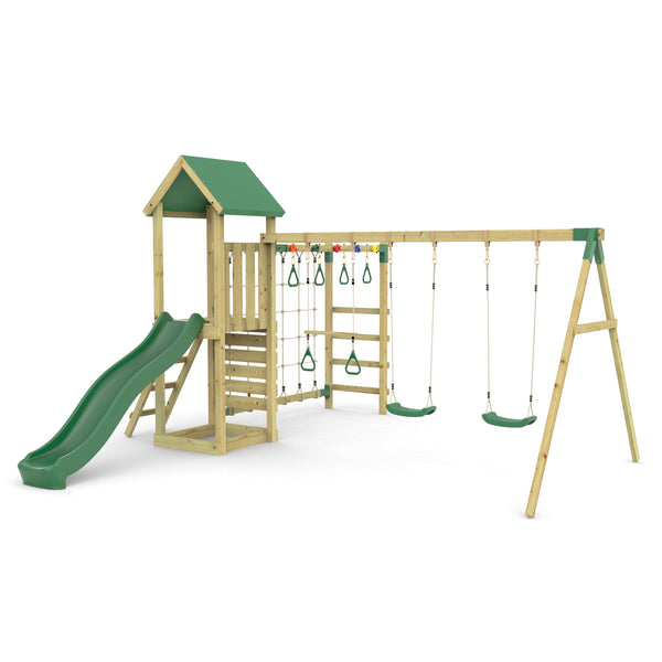 Rebo Climbing Frame with Triple Swing and Slide plus Ninja Monkey Bars - Pelion