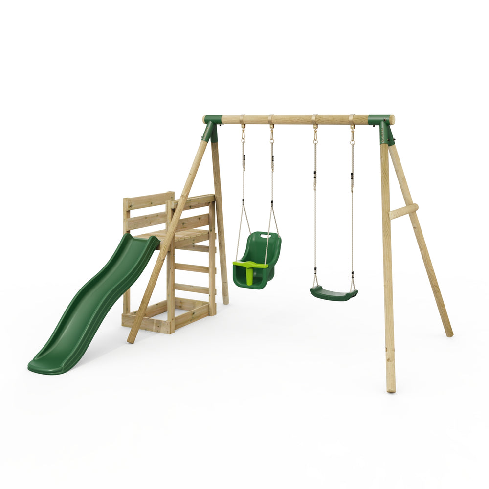 Rebo Wooden Swing Set plus Deck & Slide - Luna Green