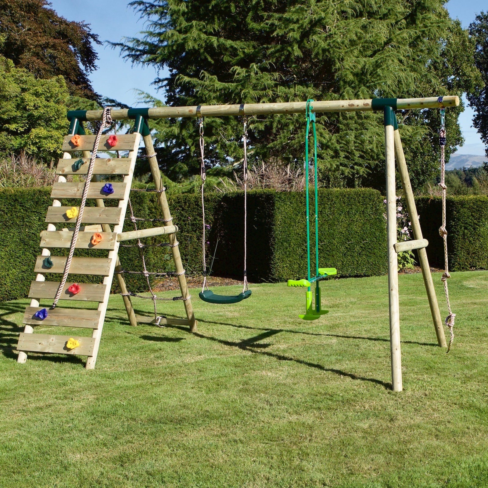 Rebo Talia Green Wooden Swing Set with Climbing Wall