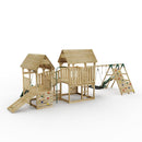 FarmPlay Hayloft and Mini Loft Climbing Frame with Double Swing, Climbing Wall with Deck, Bridge and Slides