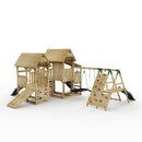 FarmPlay Stable and Mini Loft Climbing Frame with Double Swing, Climbing Wall with Deck, Bridge and Slides