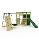 OutdoorToys NinjaPlay Climbing Frame Double Swing Set with Climbing Wall and Slide