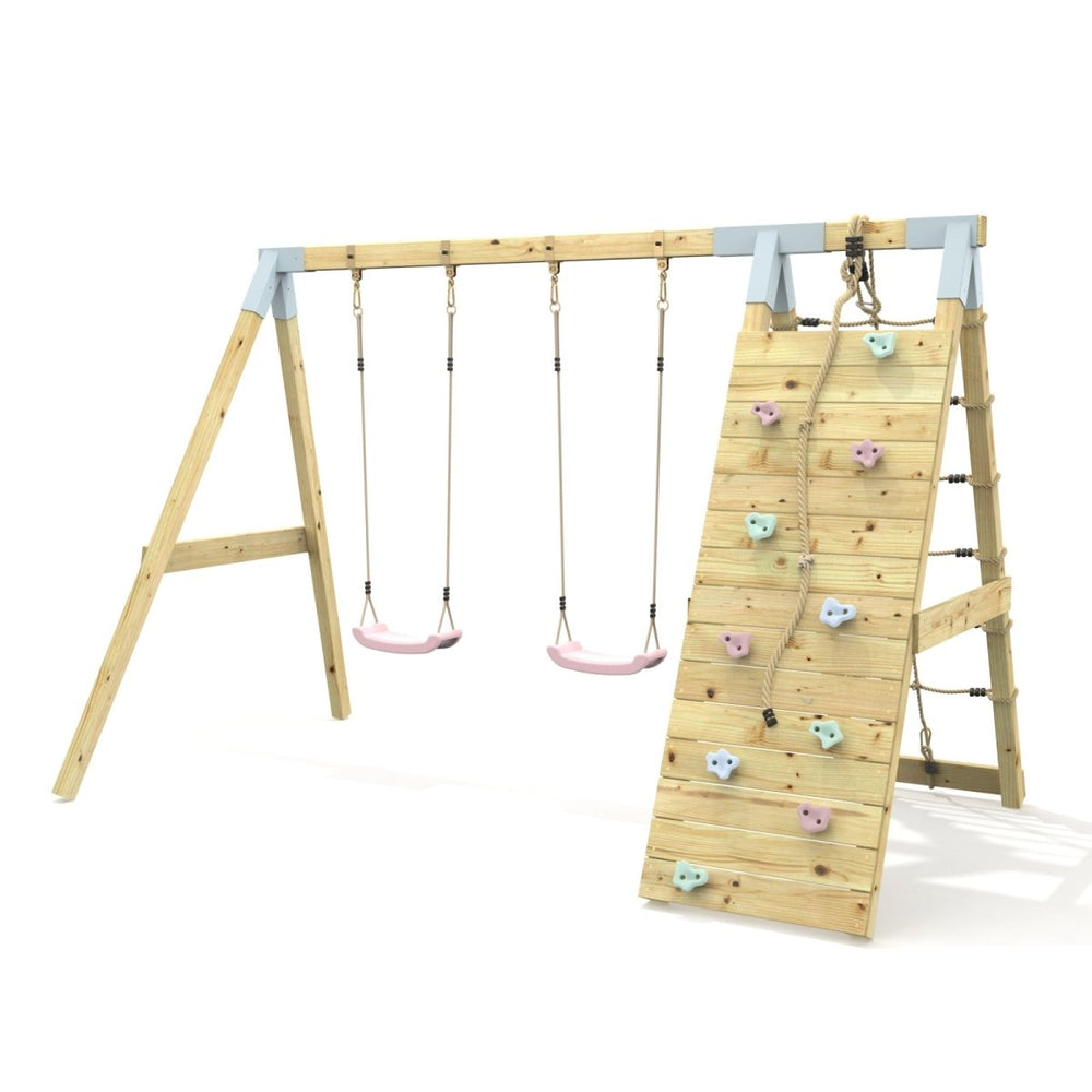 PolarPlay Premium Double Swing Set with Climbing Wall
