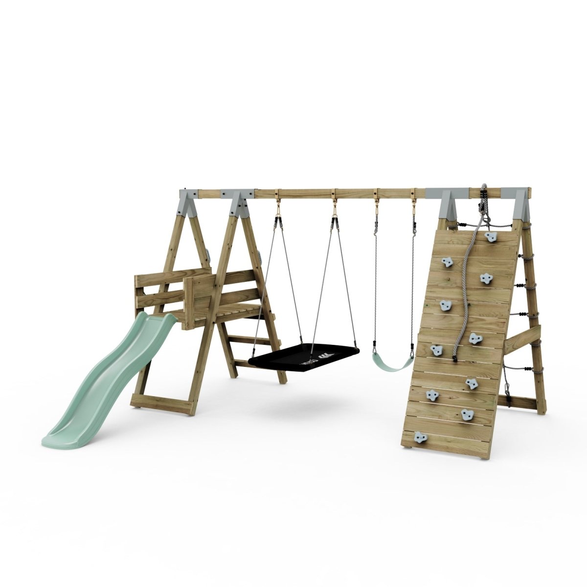 PolarPlay Premium Double Swing Set with Climbing Wall and Slide