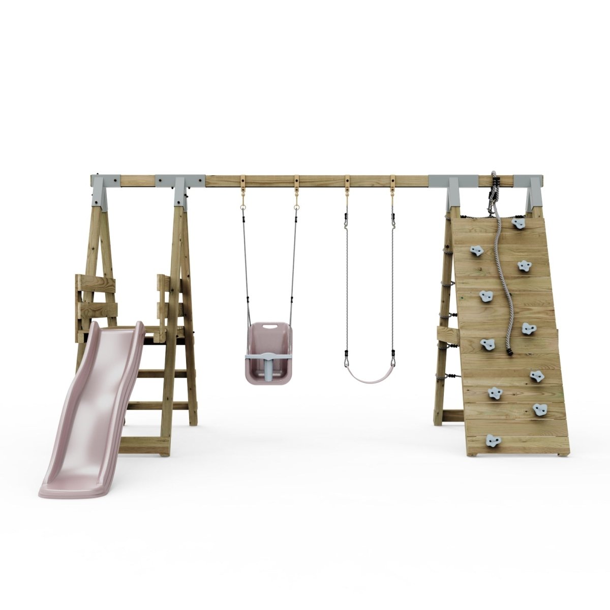 PolarPlay Premium Double Swing Set with Climbing Wall and Slide