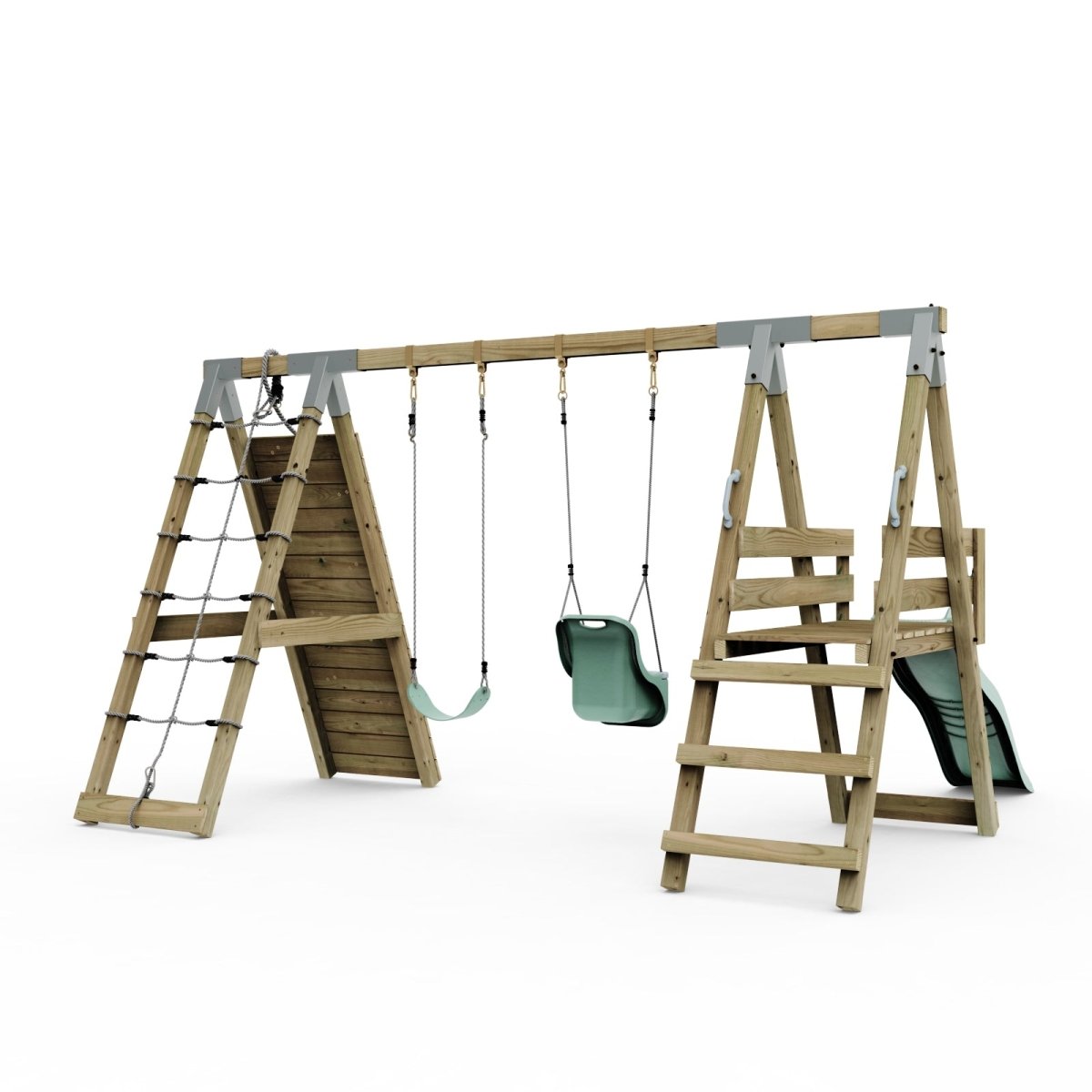 PolarPlay Premium Double Swing Set with Climbing Wall and Slide