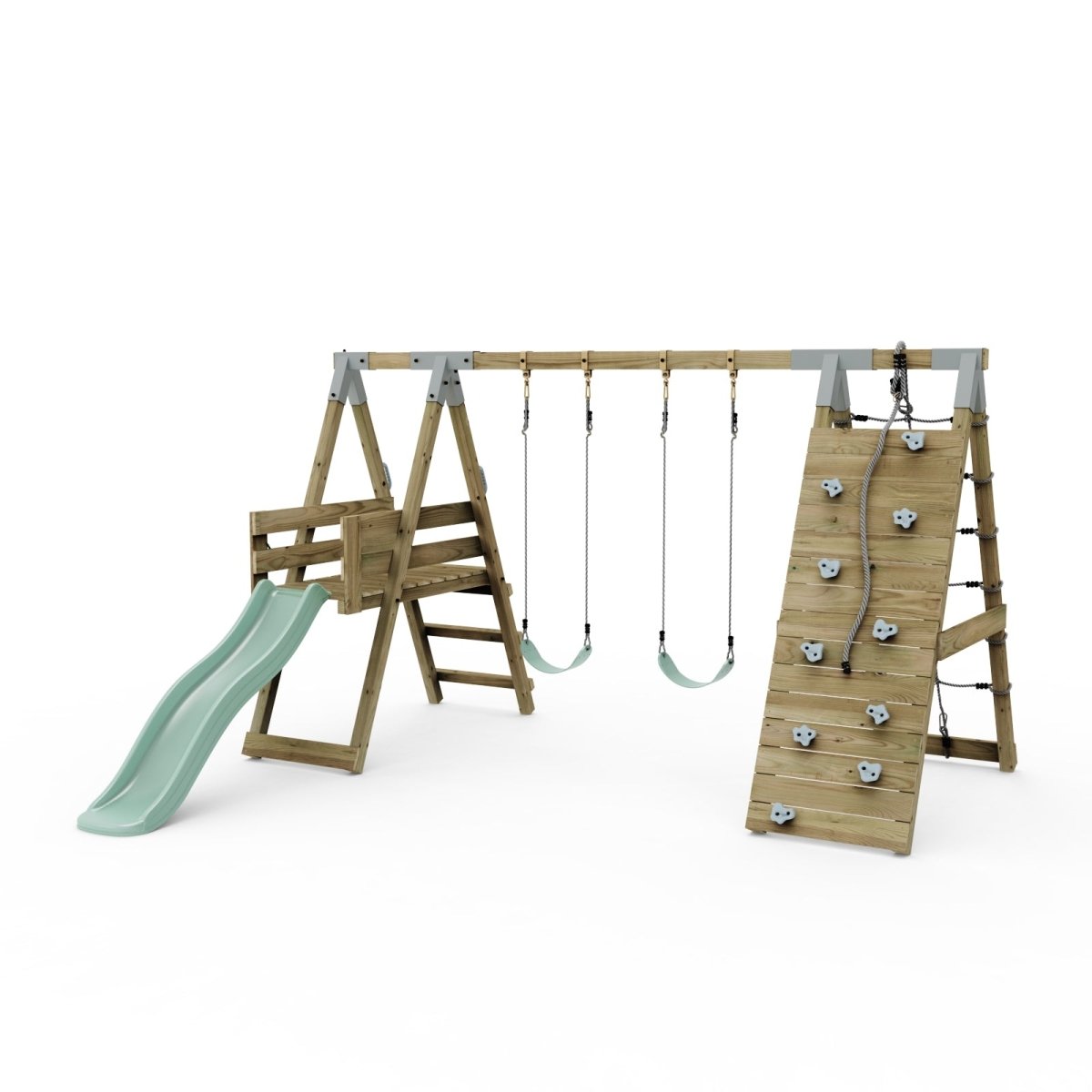 PolarPlay Premium Double Swing Set with Climbing Wall and Slide