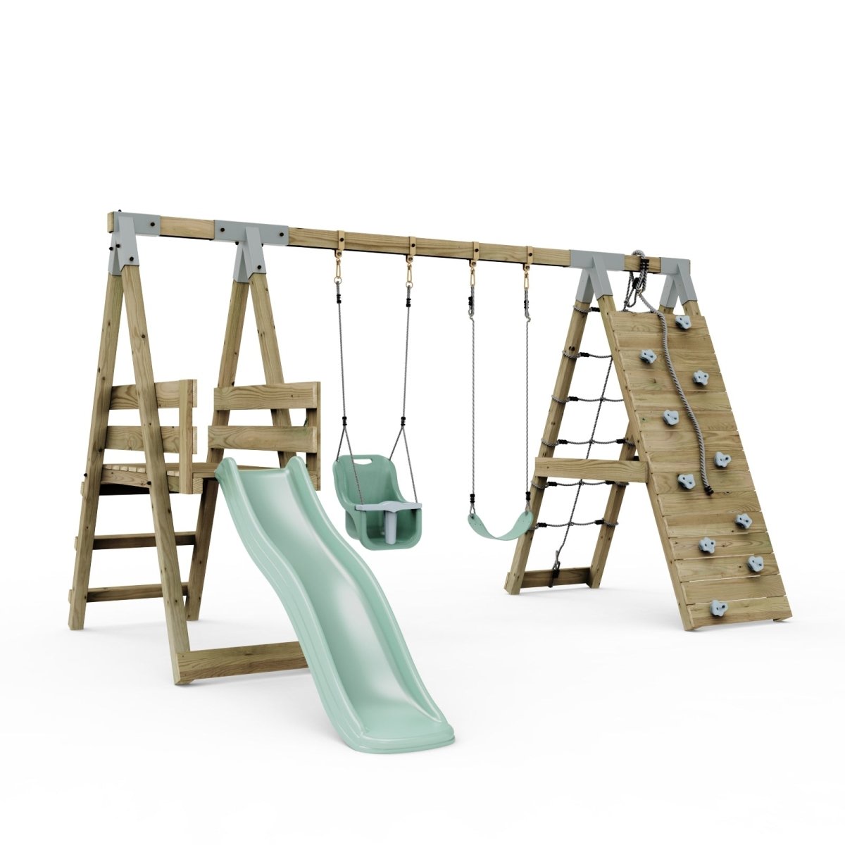 PolarPlay Premium Double Swing Set with Climbing Wall and Slide