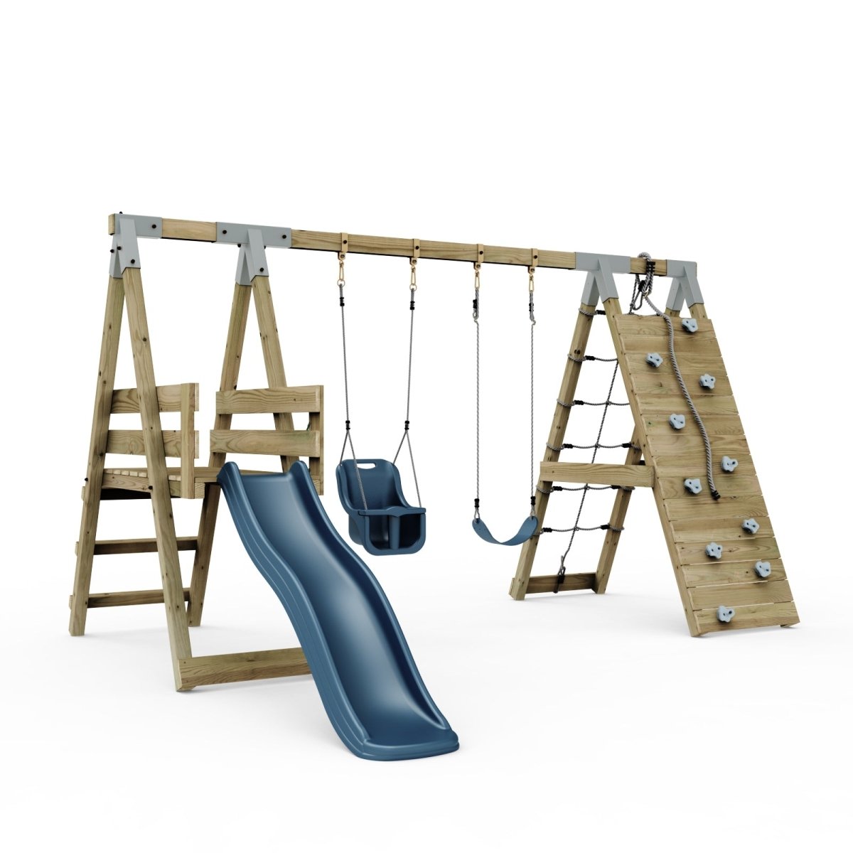 PolarPlay Premium Double Swing Set with Climbing Wall and Slide