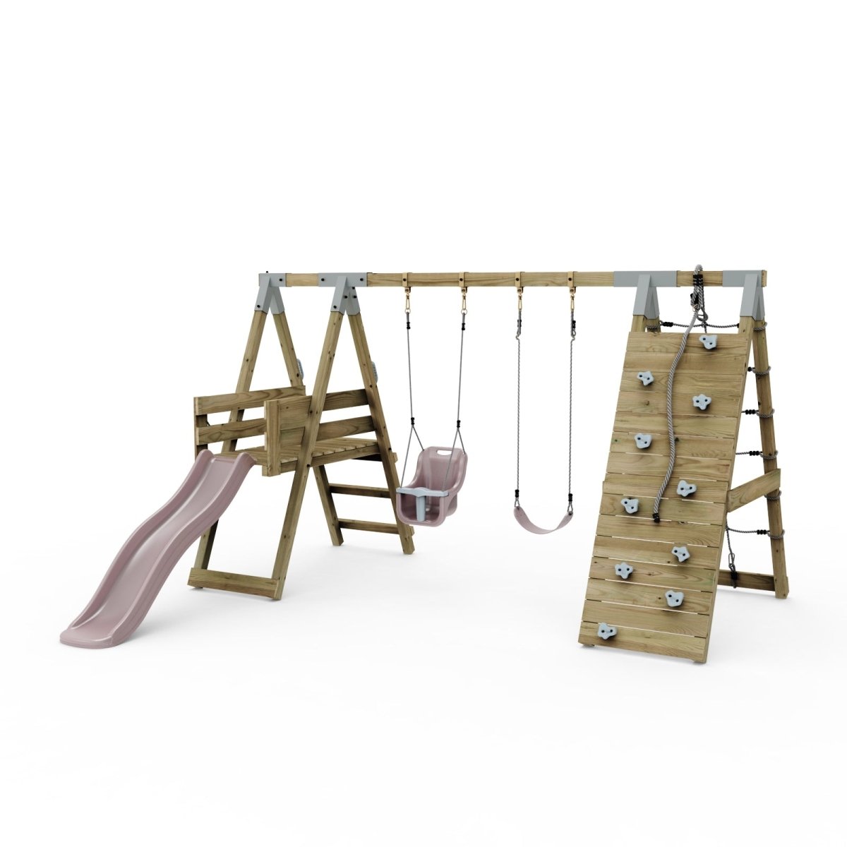 PolarPlay Premium Double Swing Set with Climbing Wall and Slide