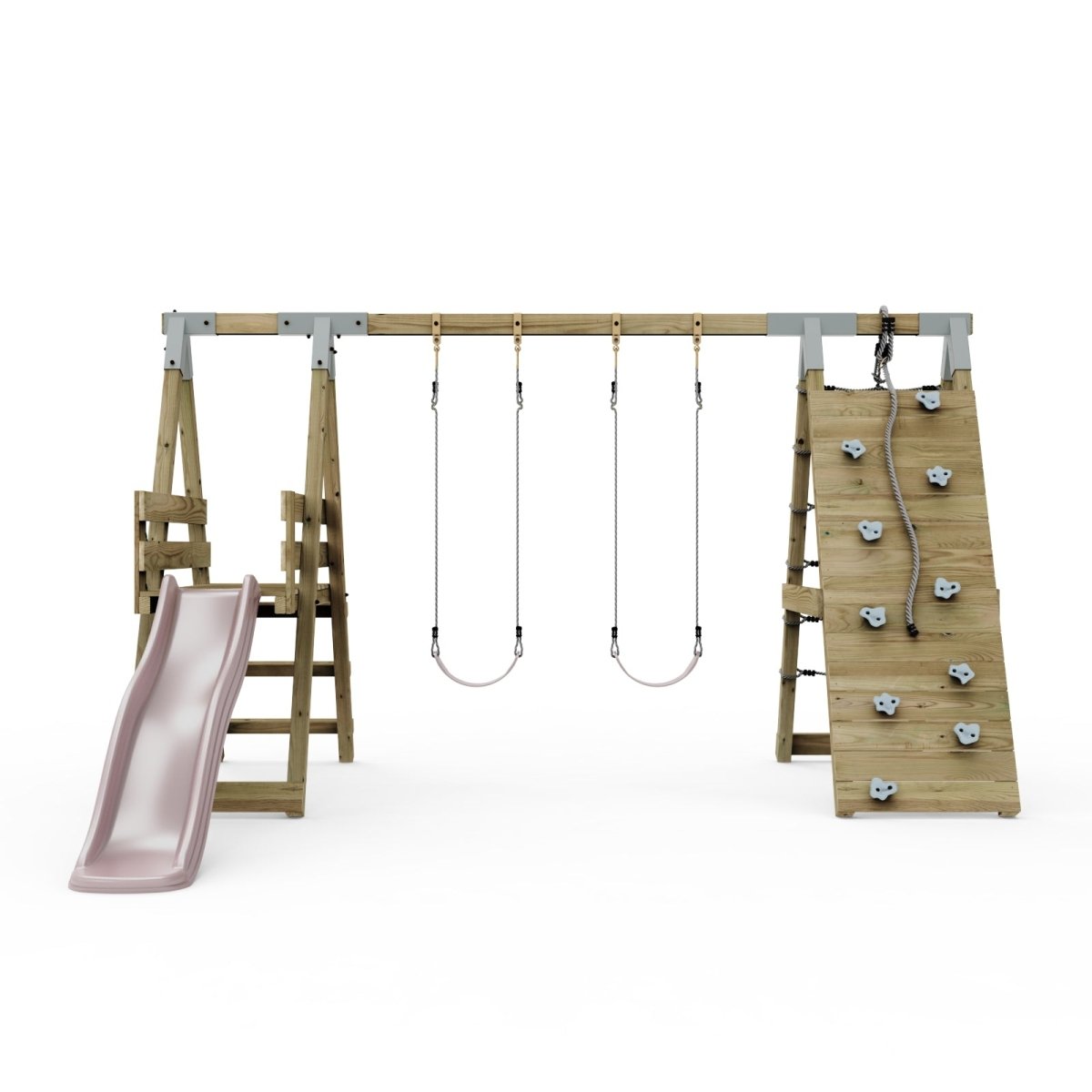 PolarPlay Premium Double Swing Set with Climbing Wall and Slide